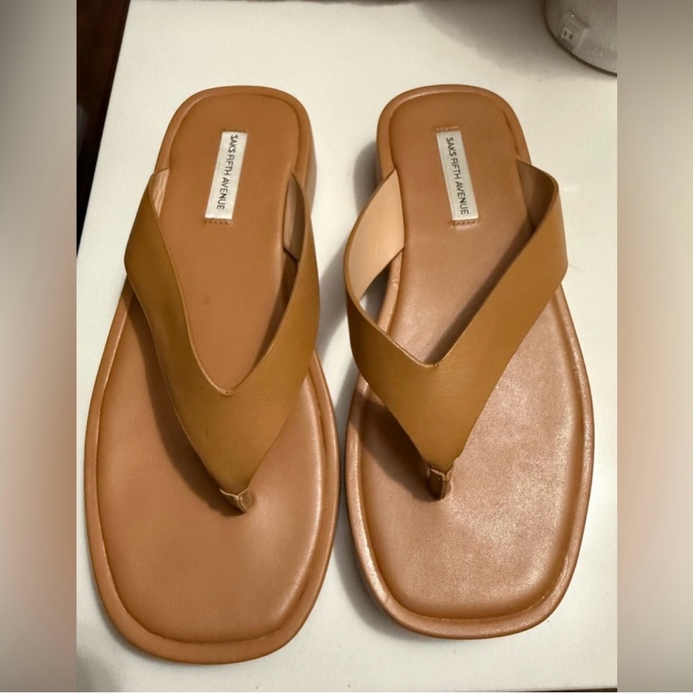 Saks Fifth Avenue Tan Leather Thong Sandals